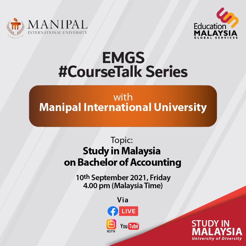 EducationMYSIA's tweet photo. Hey there! Looking for Accounting study programmes in Malaysia?
Catch our next session of EMGS #CourseTalk series π£ β an exclusive Facebook live session with our Marketing team featuring a special guest π©π»βπ«, Ms. Azizah Saban, Senior Lecturer, School of Management and Business, https://t.co/YvZuB7EDch
