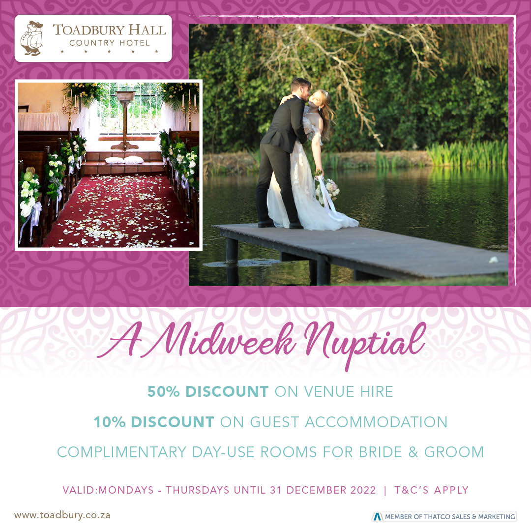Choose the day that works for you & if it falls on a week day, well then you are in luck.

Get Married on a weekday at #ToadburyHall and take advantage of our fantastic #midweekwedding special. 🍾👰🤵

bit.ly/2WQ3r3q

#WeddingSpecial #weekdaywedding #weddingdate #THATCo