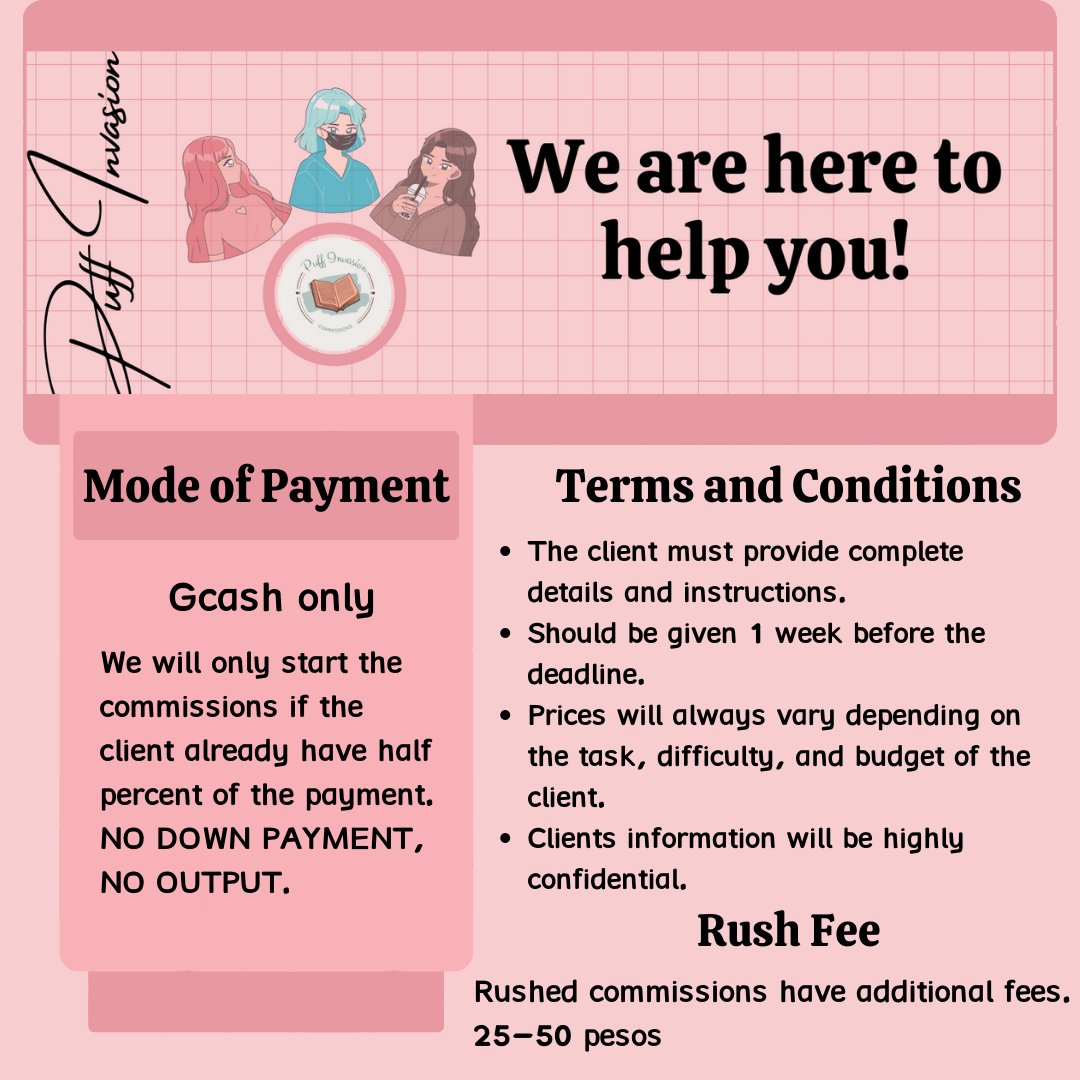 PuffInvasion's tweet photo. Hi! we are willing to help you in your acads kindly click the pictures so you can see our terms and conditions &amp; what we can offer.

If you need something that's not on the list please let us know. https://t.co/SzLNxgndiW