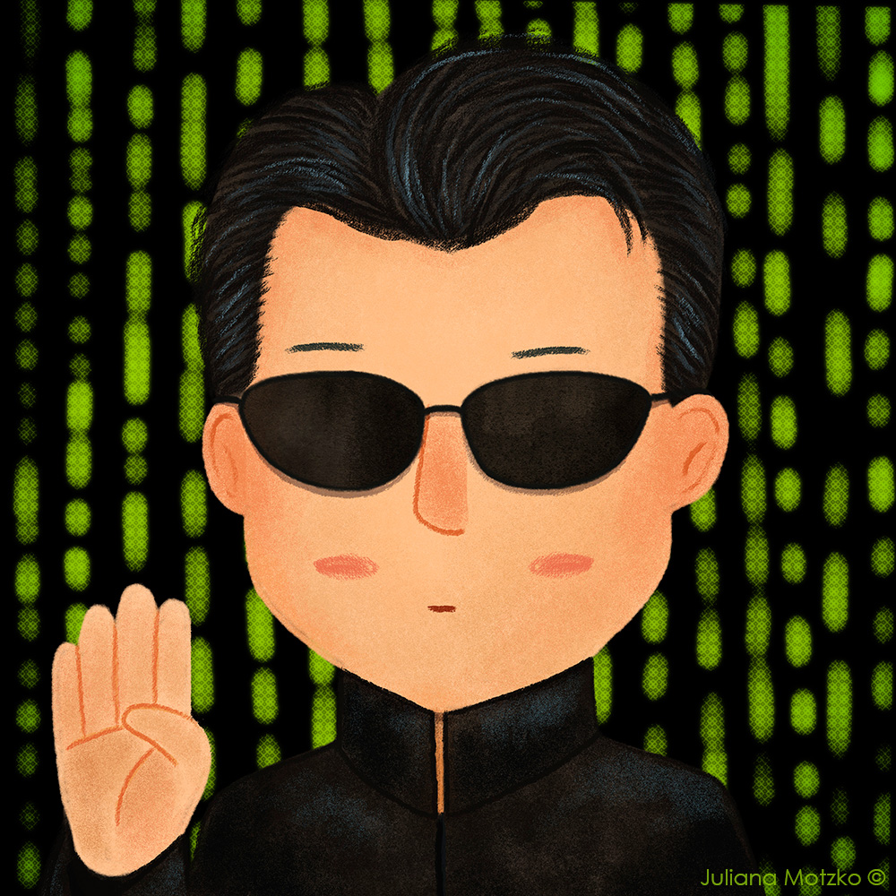 Celebrating the release of the trailer of 'Matrix Resurrections', my cute version of Neo.

#Neo #Matrix #KeanuReeves #MatrixResurrections #Movies #ClassicMovies #Cute #CutePortraits #childrenspublishing #inspiringpeople #Art #artist #illustration #illustrator #JulianaMotzko