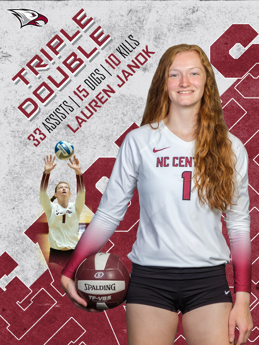 NCCU Athletics (@nccuathletics) on Twitter photo Congratulations to <a href="/NCCUVolleyball/">NCCU Volleyball</a> sophomore setter Lauren Janok, who became the first Eagle to post a triple-double in the program's modern era (since 2007), accomplishing the milestone in a road match at UNCG (Sept. 7) with 33 assists, 15 digs and 10 kills. #EaglePride Congratulations to <a href="/NCCUVolleyball/">NCCU Volleyball</a> sophomore setter Lauren Janok, who became the first Eagle to post a triple-double in the program's modern era (since 2007), accomplishing the milestone in a road match at UNCG (Sept. 7) with 33 assists, 15 digs and 10 kills. #EaglePride