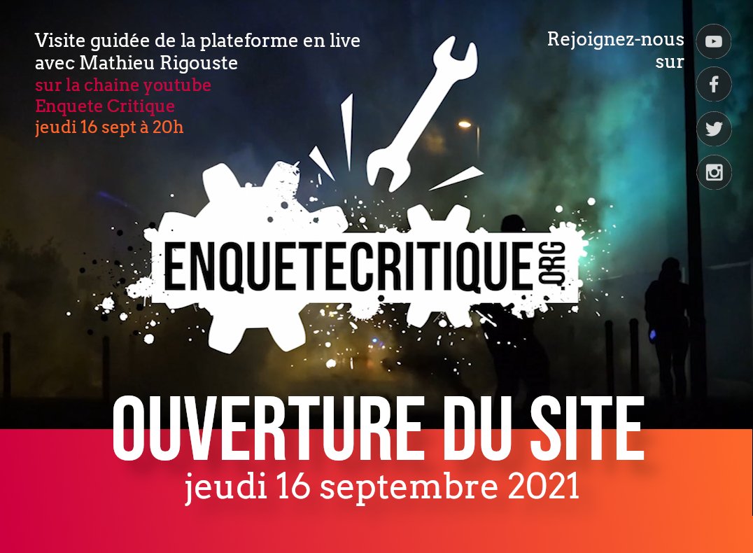 🎉🎊J-7 !!!
Après des mois de travail, nous sommes heureuses et heureux de vous annoncer l'ouverture prochaine du site enquetecritique.org :

💥Jeudi 16 sept 2021 !

#enquetecritique