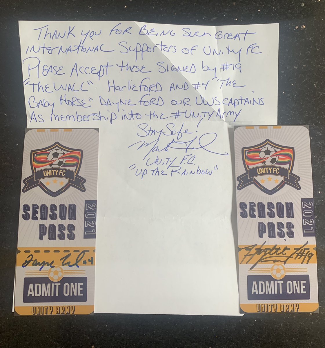 Unity101FC's tweet image. Thank you ever so much to @UnityFCsoccer for very kindly sending us some Unity FC goodies all the way from Florida! Two signed season passes accompanied by a lovely message from our friends across the pond! #UnityArmy