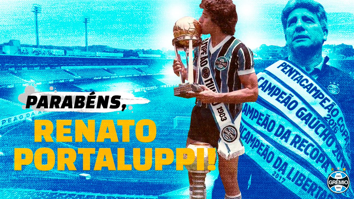 Renato Portaluppi completa hoje mais um ano de vida! Campeão da Libertadores como jogador e como treinador, ele também marcou os 2 gols que nos deram o título Mundial de 1983. Como técnico, nos levou à conquista da Copa do Brasil, Recopa e três Estaduais. Parabéns, Renato! 👏🏽🇪🇪⚽