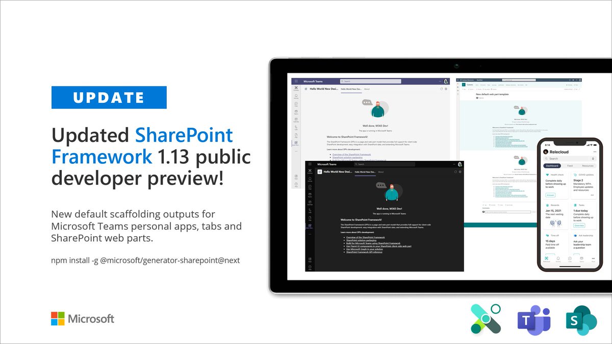 📢 Updated #SharePoint Framework 1.13 public preview now available

💡 New default templates for #MicrosoftTeams and SharePoint

👏 Theming support, section background and more 🚀

✨ npm install -g @microsoft/generator-sharepoint@next

#SPFx #Microsoft365dev #MicrosoftViva