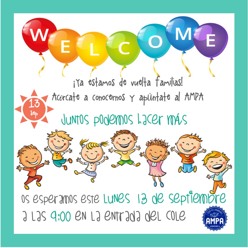 Queridas Familias!
Os esperamos este *lunes 13 de Septiembre a las 9:00am* en la puerta del cole para retomar el contacto y dar la bienvenida a las nuevas familias.
Tendremos café, churros y *solicitudes* para que os apuntéis al *AMPA* del cole