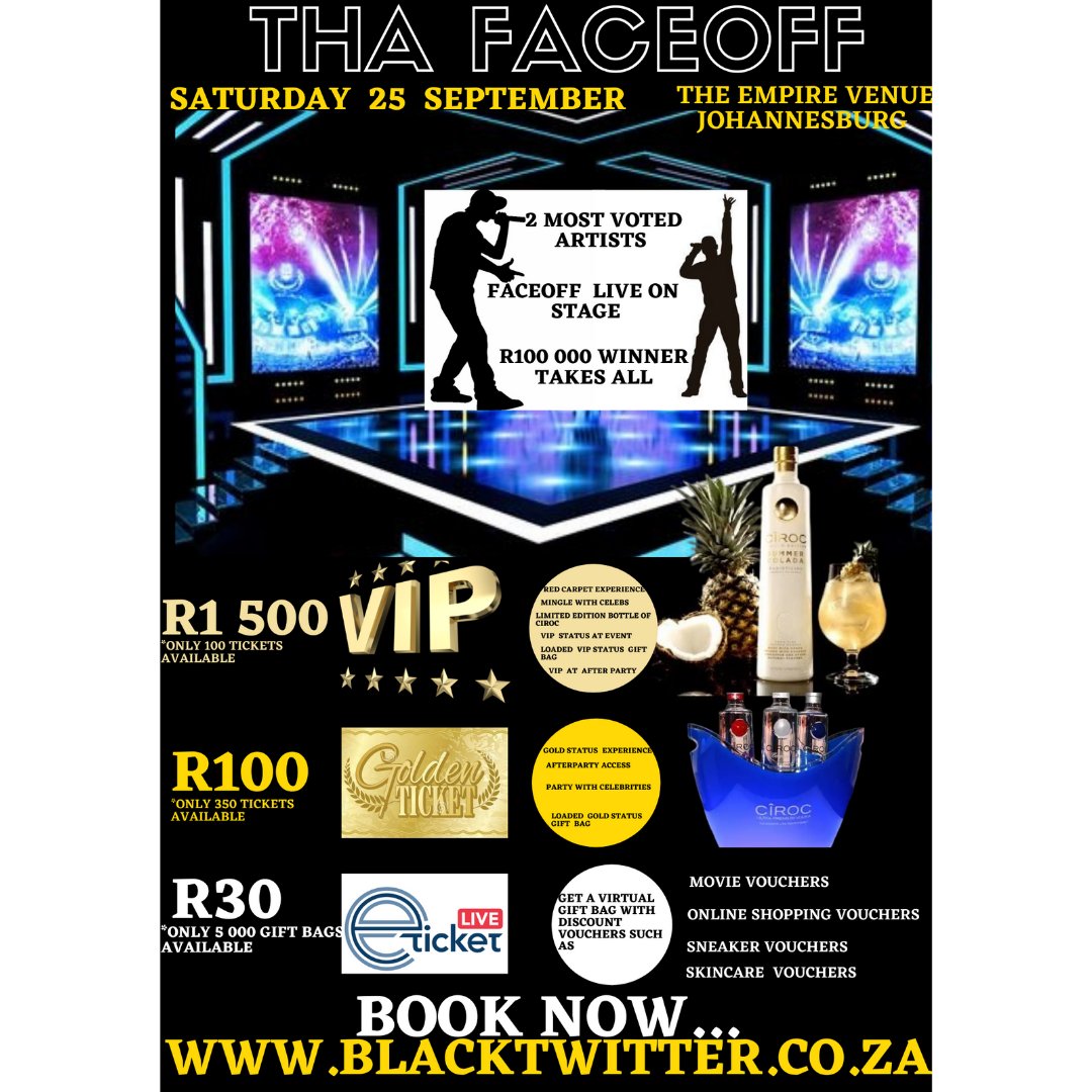 ThaFaceOff's tweet photo. Road to ThaFaceOff has started

Who do you want to see perform live and win the R100 000?

Book Your Ticket now, Very limited due to Covid Restrictions https://t.co/f5crTIT6yp