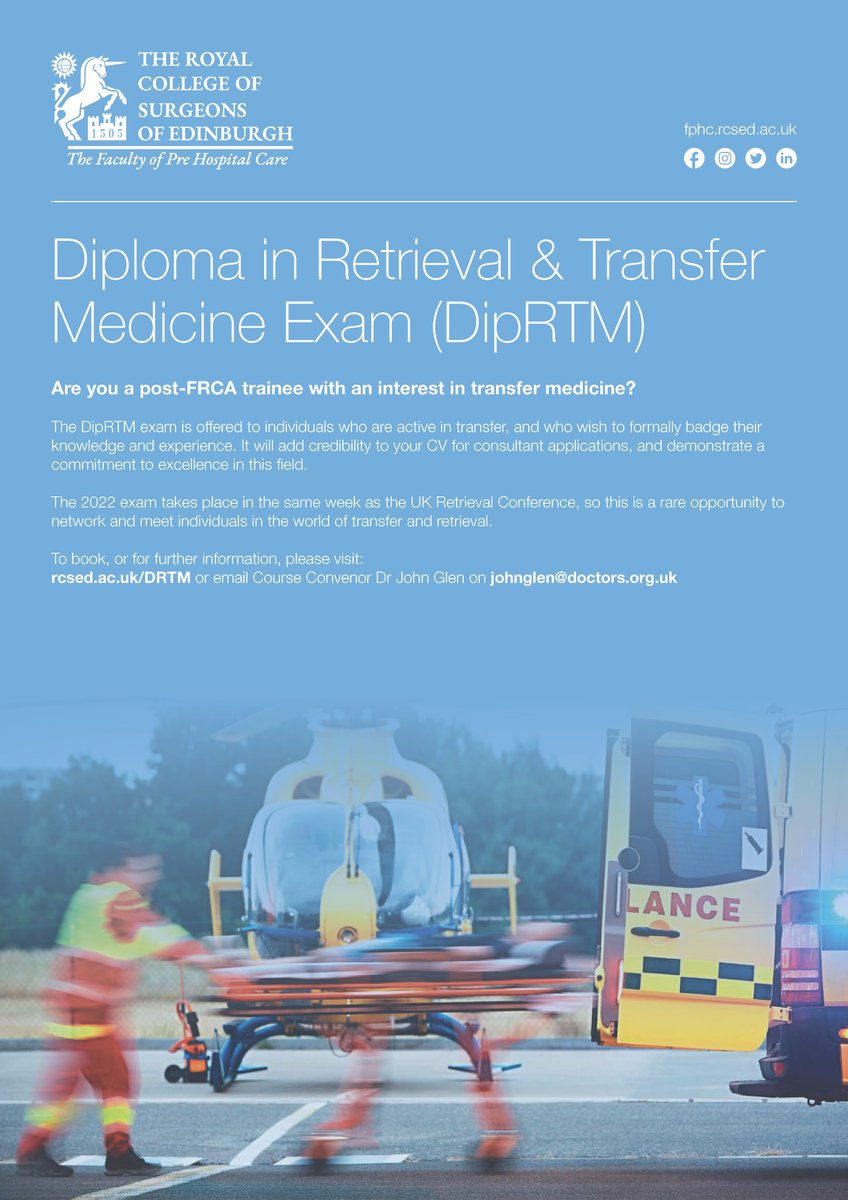 The Diploma in Retrieval and Transfer Medicine (DRTM) examination is currently open for applications.
Exam Dates: Monday, 18 April -Tuesday, 19 April 2022
Closing Date: 17 December 2021
Location: Edinburgh
Exam Webpage: rcsed.ac.uk/exams/exam-ent…