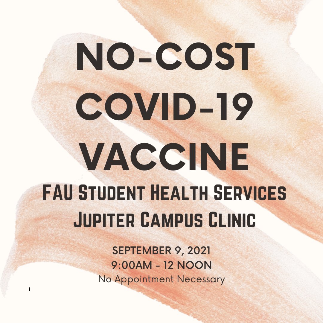 FAU Student Health Services has the Moderna COVID-19 vaccine available TODAY in the Jupiter campus clinic from 9:00am to noon.  FAU students, faculty and staff welcome! No appointment necessary. Call 561-799-8678 for more information.