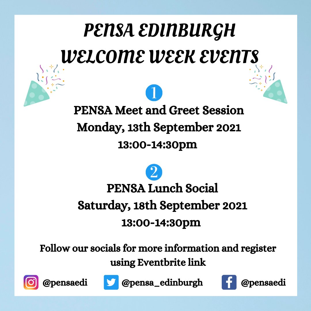 Tickets for our Welcome Week events are now available!🥳 Come along and let's have fun as we get to know each other, and learn more about PENSA Edinburgh Christian Fellowship.

Register using the Eventbrite links our bio.
#freshers2021 #uofe
#pensauk