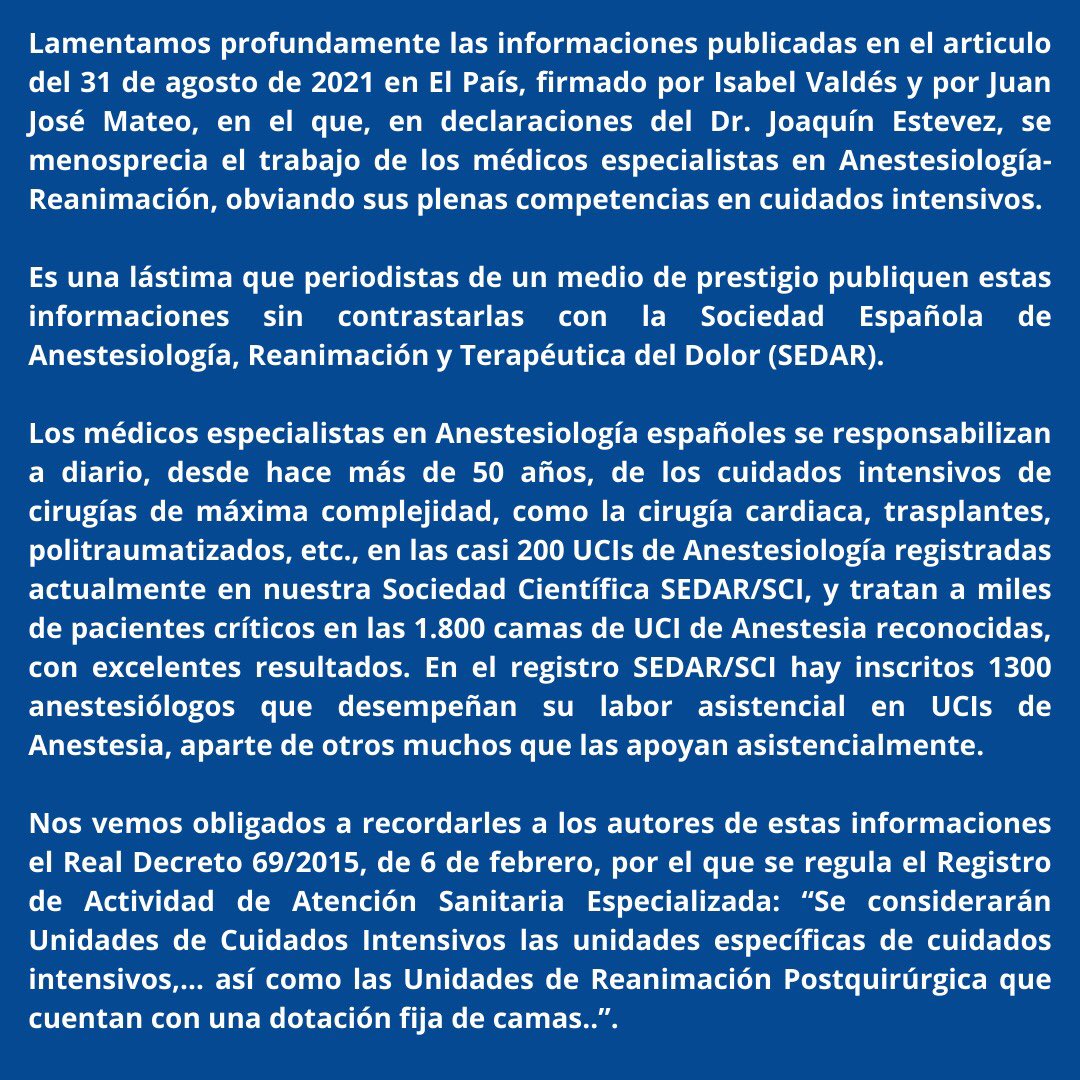 sedar_es's tweet image. Comunicado @sedar_es en respuesta a unas declaraciones de @joaquinEstevezL publicadas en @el_pais por @minisashas y @juanjosemateo que afectan a nuestras competencias en cuidados intensivos @SCISEDAR @JG_Anestesia @argente_pilar @caldecoaal @cafeoranestesia @FernandoRamasco