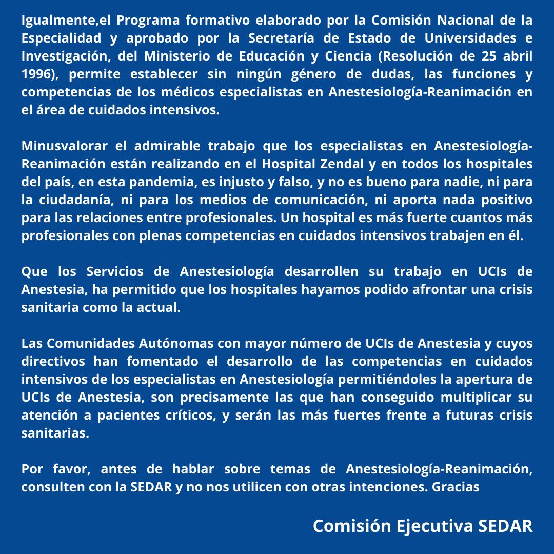 sedar_es's tweet image. Comunicado @sedar_es en respuesta a unas declaraciones de @joaquinEstevezL publicadas en @el_pais por @minisashas y @juanjosemateo que afectan a nuestras competencias en cuidados intensivos @SCISEDAR @JG_Anestesia @argente_pilar @caldecoaal @cafeoranestesia @FernandoRamasco
