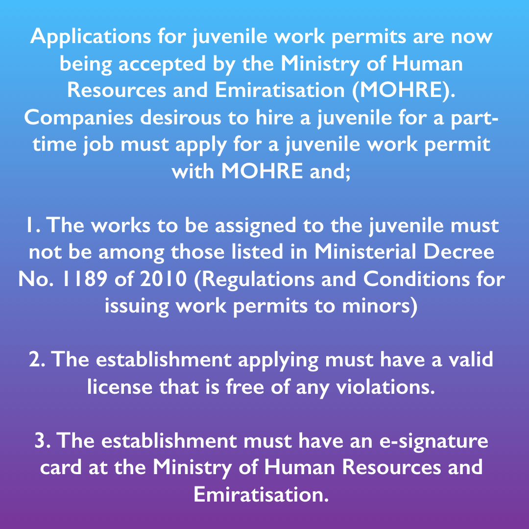 Legal_Circle_'s tweet photo. Another significant and empowering change by the UAE government and leadership to provide opportunity for youth aged 15 an above work permits to teach young people skills and value. Part time work permits are going to be a game changer! https://t.co/x8o2WP7YY4