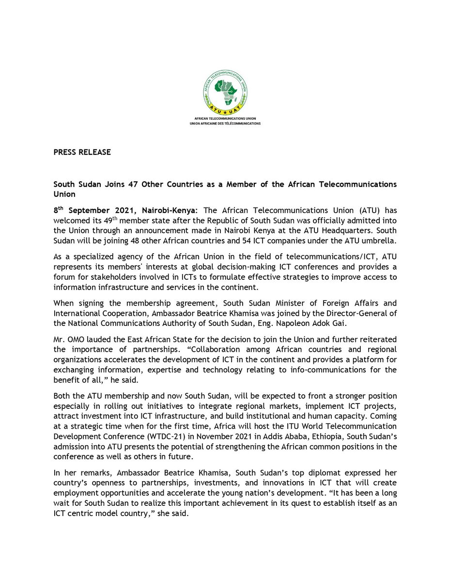 NCA_SSD's tweet photo. Yesterday, African Telecommunications Union (ATU) granted South Sudan her full membership. Through #NcaSSD, South Sudan will now be taking part in all programs and….
#SouthSudan #NcSSD #ATU #ConnectingSSD. https://t.co/i2M5HtOBmI