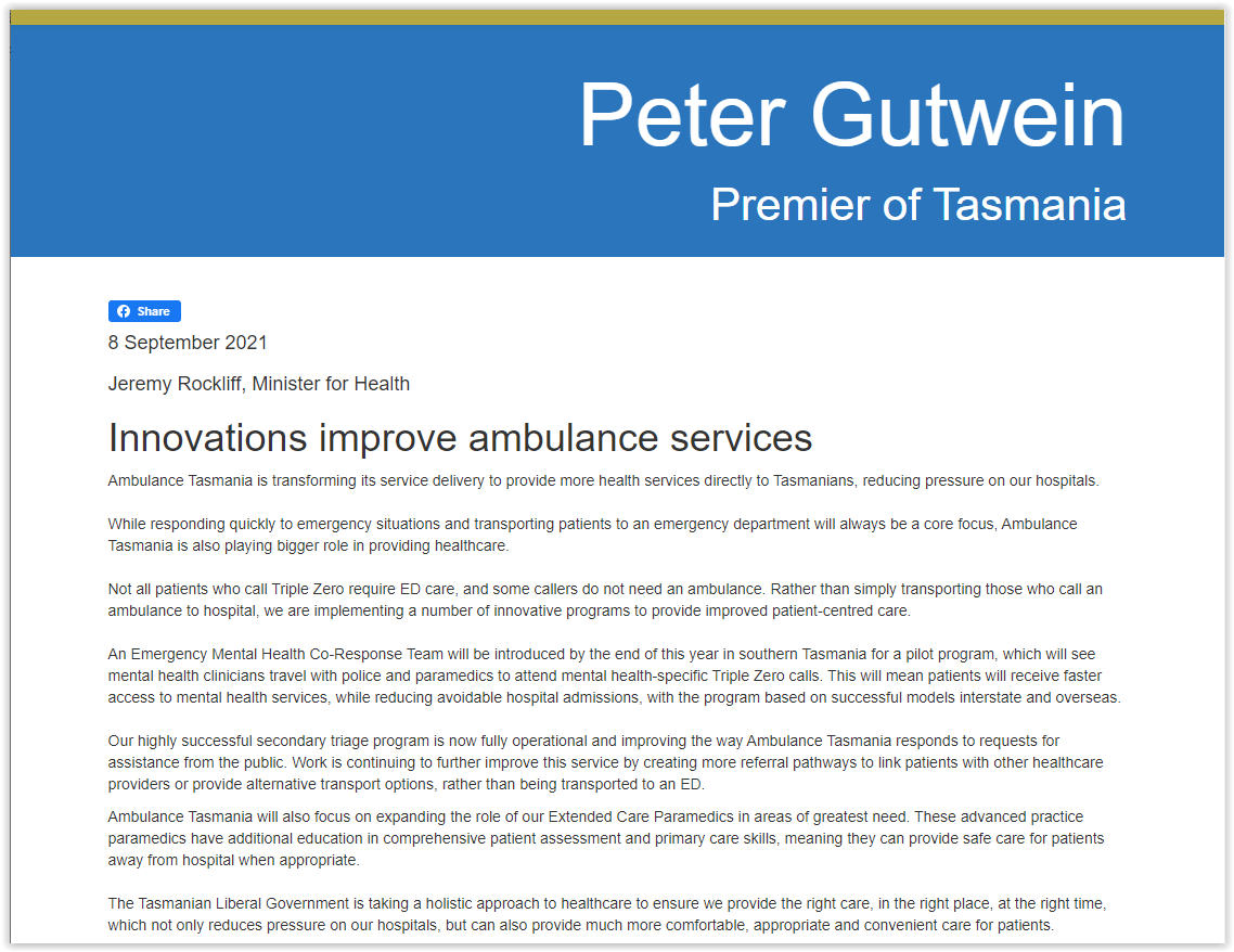 ParamedProf's tweet photo. Innovations coming with @AmbulanceTas. The Tasmanian government announces new programs to enhance the role of the #ambulance service.
https://t.co/NrJ85Eeaxe
Proposed changes include a #Mental #Health Co-Response Team pilot, more referral pathways &amp; more #paramedics. #EMS https://t.co/oSgdS8aIiD