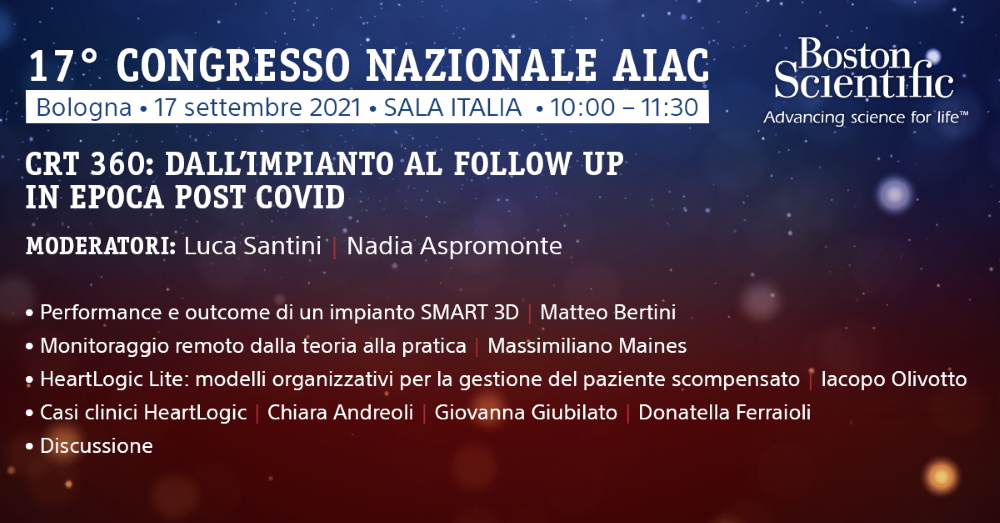 Si terrà venerdì 17 settembre – nel corso del XVII Congresso dell’@AIACAritmologia – il simposio “CRT 360: dall’impianto al follow up in epoca post covid”, moderato da @LucaSantini73 e Nadia Aspromonte. #ADV