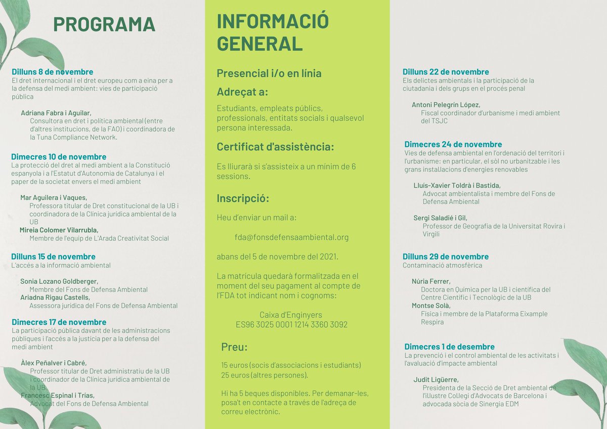 Estàs interessat/ada en la defensa del medi ambient?🌱 Tornem amb les jornades formatives aquest novembre! Per aprendre com defensar el medi ambient amb les eines que ens aporta el dret👇
