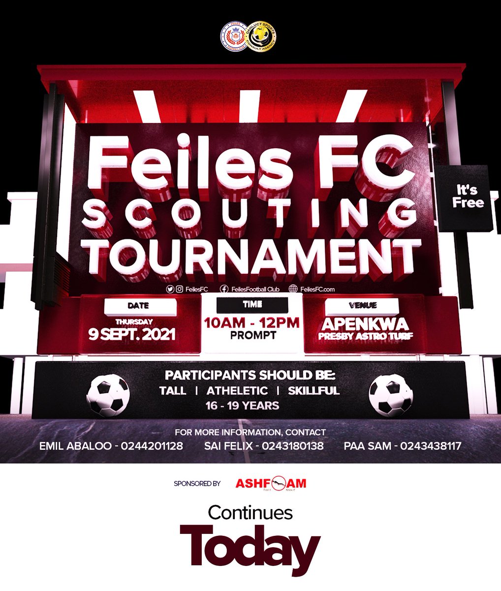 feilesfc's tweet photo. Our Scouting Tournament Continues Today
You Don't Want To Miss It
#football #scout #ghana #star #superstar #tournament #feilesfc #ashfoam #africa #dreams #talented #danluct #player #justify #soccer #skillful #global #world #accra #accraghana #trending
@ashfoamghana @Emil_Abaloo https://t.co/AUGbbGukSY