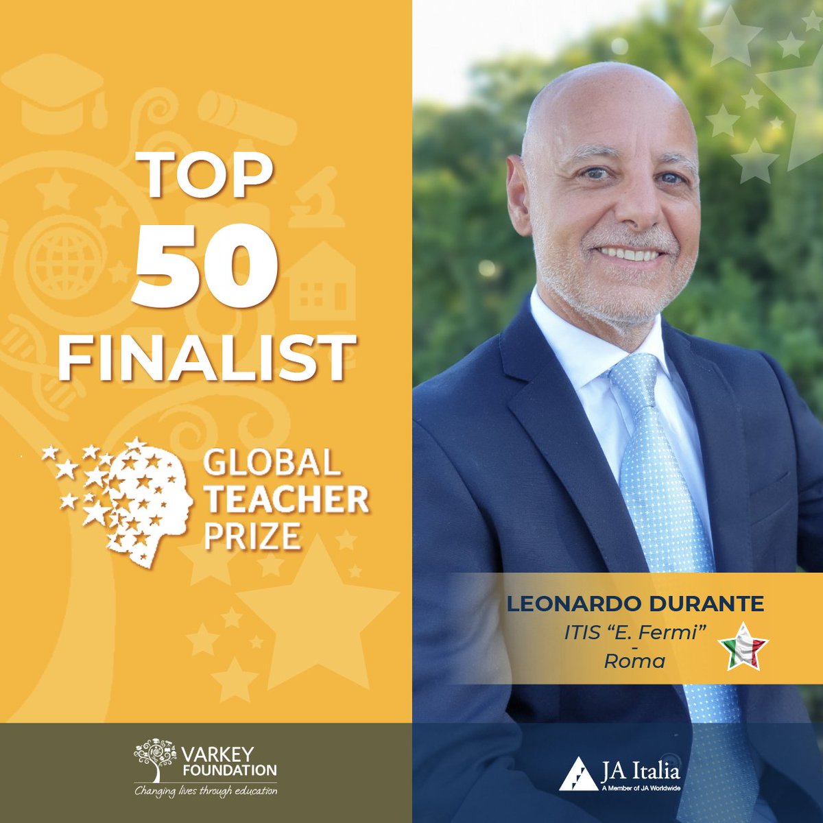 Siamo orgogliosi di annunciare la nomina del prof. Leonardo Durante, tra i 50 finalisti del <a href="/TeacherPrize/">Global Teacher Prize</a> 2021, il Nobel dei docenti! Selezionato tra oltre 8.000 colleghi nel mondo, è Docente JA e insegna presso l'ITIS "Enrico Fermi" di Roma. #GTP2021 <a href="/VarkeyFdn/">Varkey Foundation</a> <a href="/MIsocialTW/">Ministero dell’Istruzione e del Merito</a>