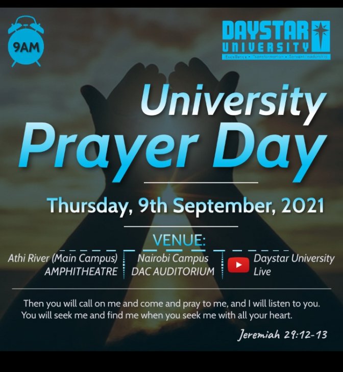 gladysshila's tweet photo. Daystar University prayer day
Theme:The art of walking with God
Text:1John 1-9
It is the time we wake up in the spirit and stand in the gap to pray for not only ourselves but also stand in the gap for our nation's, families, and everywhere we are
@DaystarUni @DCF_Athi @ayiro_p https://t.co/DLmE0reMnV