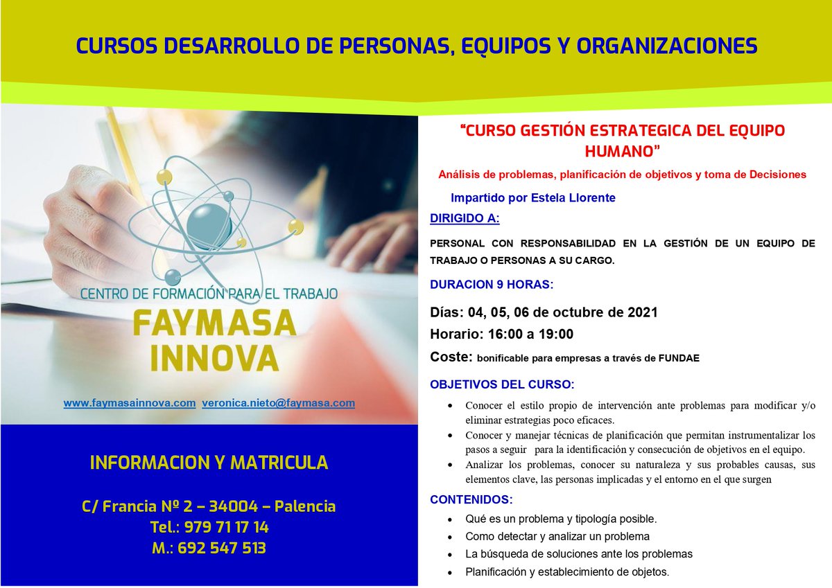 ERHasce's tweet image. Curso de Gestión de estrategia del equipo humano en #Palencia con @ellorenterio.
Centro de #formación  para el trabajo de @FAYMASA1 
Días 4, 5 y 6 de octubre.
#Valladolid