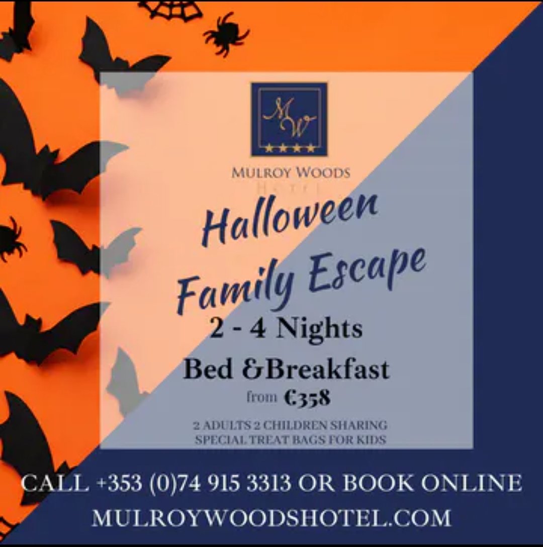 Enjoy a Halloween Family Escape in Donegal while you Stay With Us. Complimentary Treat Bags for each child  2 - 4 nights B&amp;B for 2 adults &amp; 2 children from just €358
Visit mulroywoodshotel.com   📞 074 91 53313 
#halloween2021 #familytime #staywithus #makeabreakforit