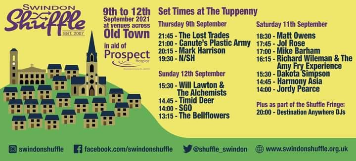 Right... who's up for the Swindon Shuffle* tonight? We're headlining the Tuppenny at 9.45pm but we'd recommend supporting as much of the Shuffle weekend as you can. There's some wonderful music happening across multiple venues in Swindon Old Town

*that's not a euphemism