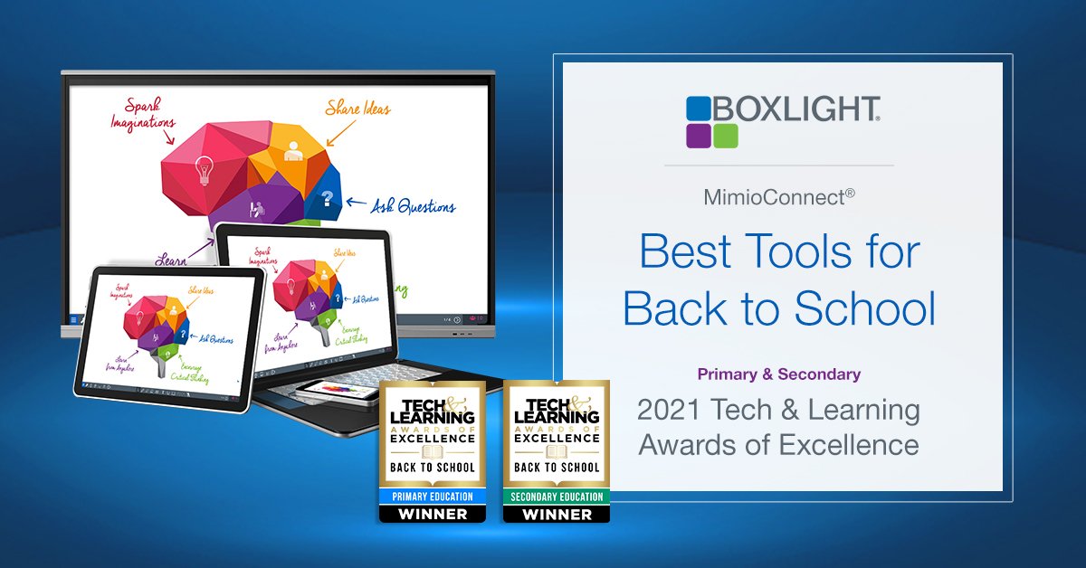 BoxlightUK's tweet photo. #MimioConnect won Best Tools for Back to School from #TechandLearning! This #blendedlearning platform helps #teachers amp up #studentengagement in any learning environment. Learn more here: https://t.co/wyNO4tsqPt

#edtech #edtechchat #hybridlearning #remotelearning https://t.co/czjcqKpE2x