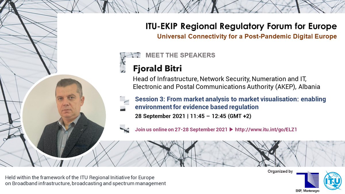 ITUEurope's tweet photo. ☑️28 SEPTEMBER | @ITUEurope &amp; #EKIP of Montenegro pleased to host Mr Fjorald Bitri at #ITU-EKIP Regional Regulatory Forum Session 3. Want to learn the broadband mapping system of #AKEP of Albania? Register here ➡️  https://t.co/c7JAAgefu8 https://t.co/ZeUkqN4Jo4