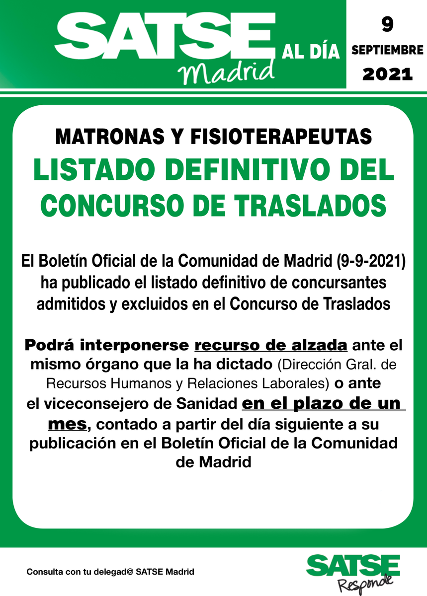 🟢 Publicados los listados definitivos de admitidos y excluidos del concurso de traslados de fisioterapeutas y matronas.
Descárgatelos ➡ bit.ly/3tEyqMp
Recurso de alzada 👉 Ante la Dirección Gral. de
Recursos Humanos o el viceconsejero de Sanidad en el plazo de un mes.