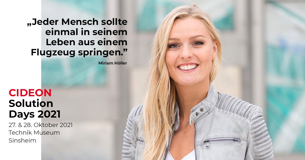 cideon's tweet photo. Diesen Tipp gibt Miriam Höller ihren Zuhörern mit auf den Weg. Was der Sprung aus dem Flugzeug mit #Erfolg zu tun hat, erleben Sie während der #Keynote der ehemaligen Stuntfrau und #Unternehmerin. Erfahren Sie mehr: https://t.co/h5O34ojgJf #CideonSolutionDays https://t.co/yRRNYiupbi
