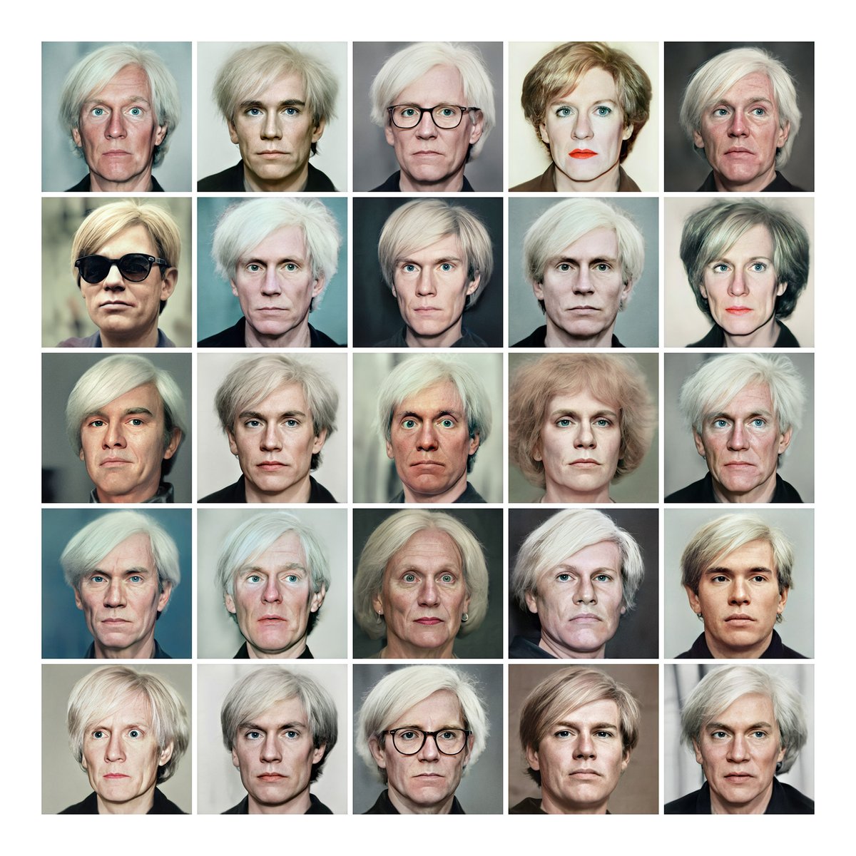 The introduction of #Photoshop in 1987 marked the end of photography as the ultimate visual evidence. In that same year, Andy #Warhol died. I created 25 new Andy's with a neural network, currently on exposition at @BenGDenHaag @Noorderlicht_NL #generativeart #deeplearning #ai