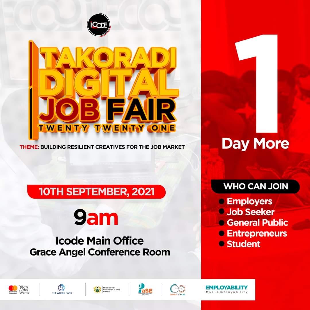 fragoes1's tweet image. 1Day more to Takoradi Digital job Fair. Come one come all.
@mastercard @worldbank @mocghana @Gtl 
#icodeImpact #icodegh #jobfair #taadi #takoradi #ghana