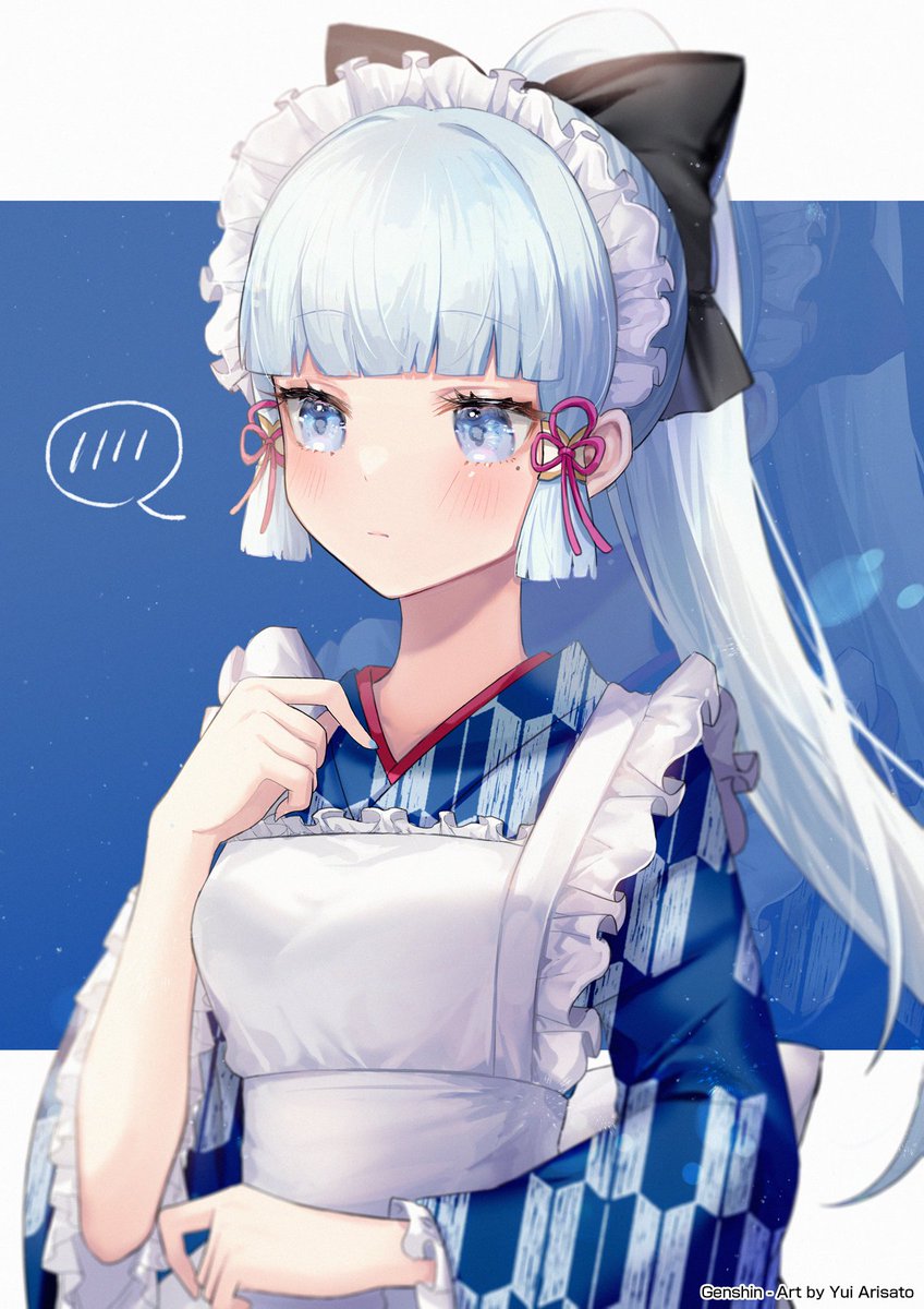 kamisato ayaka 1girl solo japanese clothes apron blue eyes blush ponytail  illustration images