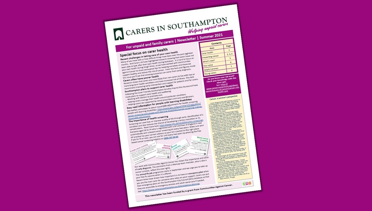 Do you know how to spot the warning signs? How to access screening? Carer self-care hit in past 18 mths. Thanks to <a href="/ActionHants/">Action Hampshire</a> this newsletter focuses on carer health and specifically on preventing cancer. It’s also full of news and info on local services. Please read and RT.