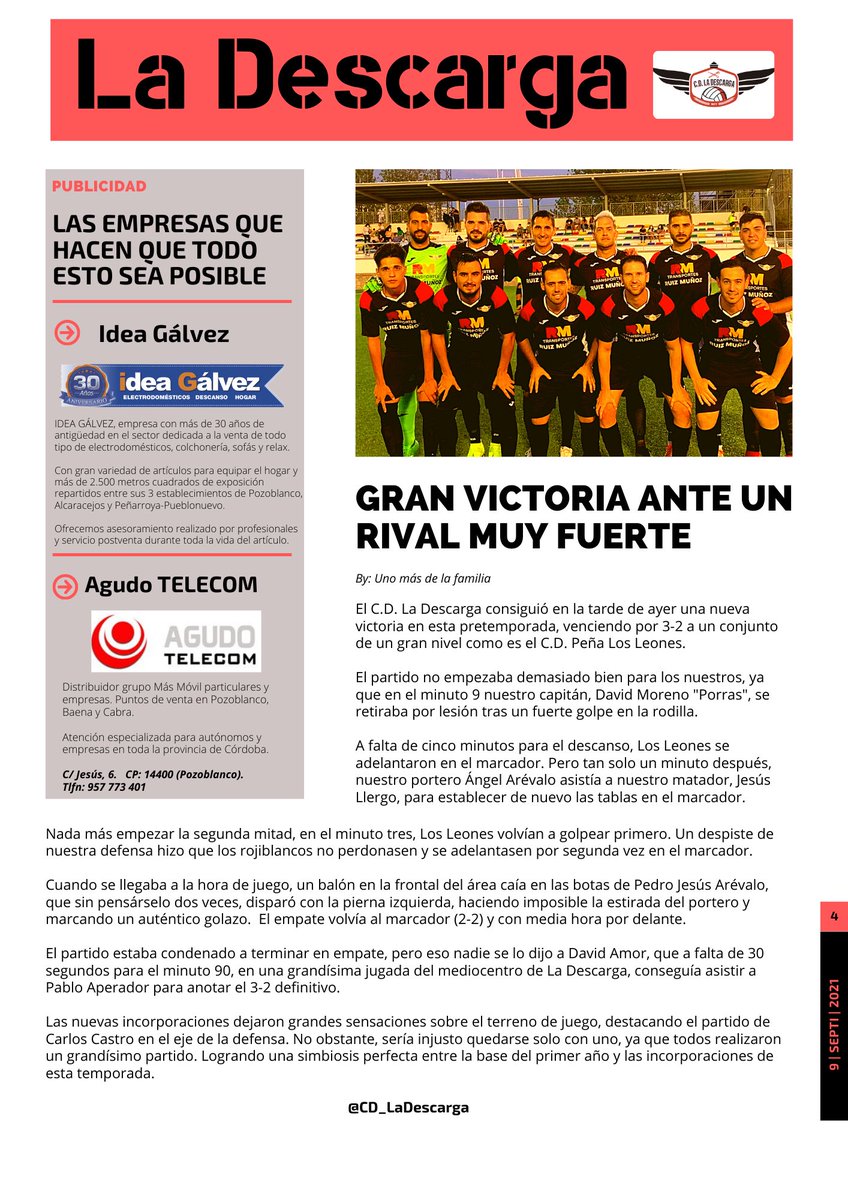 🚨SEMANAL🚨
_
✅ Victoria por 3-2 ante C.D. Peña Los Leones.
⚽️ Goles de <a href="/JesusLLBL/">jesus llergo blanco</a> <a href="/chaca_6arevalo/">Pedro Jesús Arévalo</a> y Pablo. 
👏🏻 Grandísimo partido de los nuevos. 
❌ Porras y Dalmacio salieron lesionados. 
_________
⚪️🔴⚫️ #todosjuntos #vamosdescarga #pretemporada #semanal #futbol