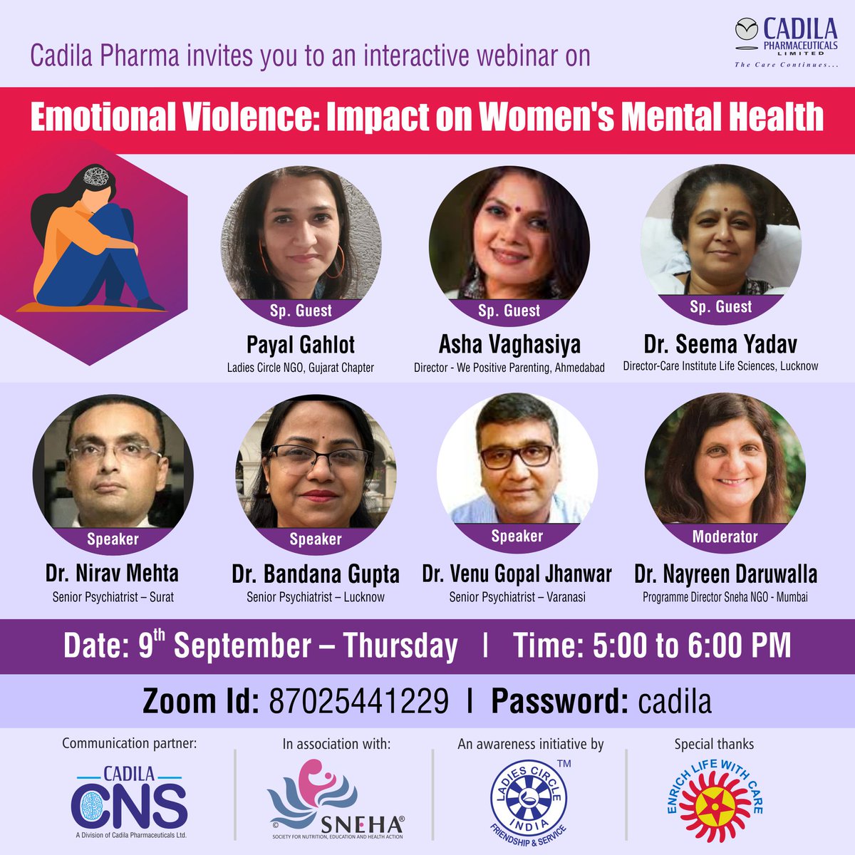 SNEHAmumbai's tweet photo. Join our #Director, #DrNayreenDaruwalla, as she moderates a discussion on #Impactof #emotionalviolence on #mentalhealth of #women. #Mentalhealthexperts to address the critical issues & understanding about emotional well-being of women.
#DrNayreenDaruwalla #PVWC @Cadila_Pharma https://t.co/I5lwxtGcfy