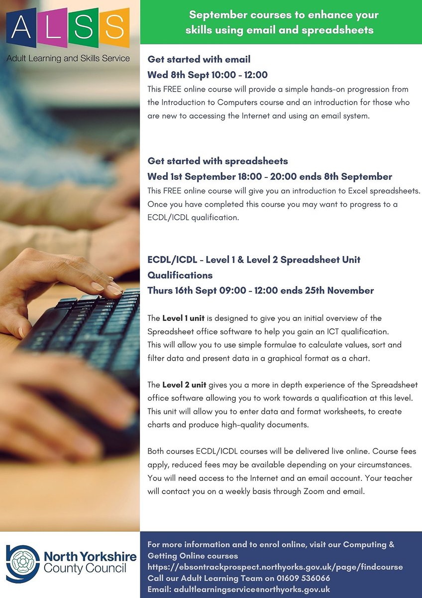 craccl_nyorks's tweet image. @AdultNorth have lost of useful computing courses available to join from this month. Whether you're a beginner and looking to get started with email or want to learn more about platforms like Microsoft Excel and Teams, there's something for you!
#onlinecourse #computingcourse