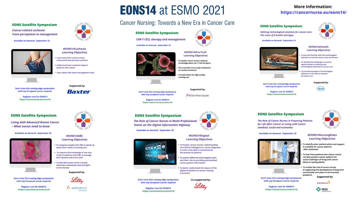 cancernurseEU's tweet photo. Register Now for #EONS14 @ #ESMO21 at https://t.co/vp2nK921kH.

Join the biggest medical &amp; nursing Congress in Europe with topics:
#EONS14Cachexia
#EONS14CarTcell
#EONS14eHealth
#EONS14ABC
#EONS14Digital
#EONS14NursingRoles

Reduced registration fee for EONS members.
Stay tuned! https://t.co/cj64ugmKjX