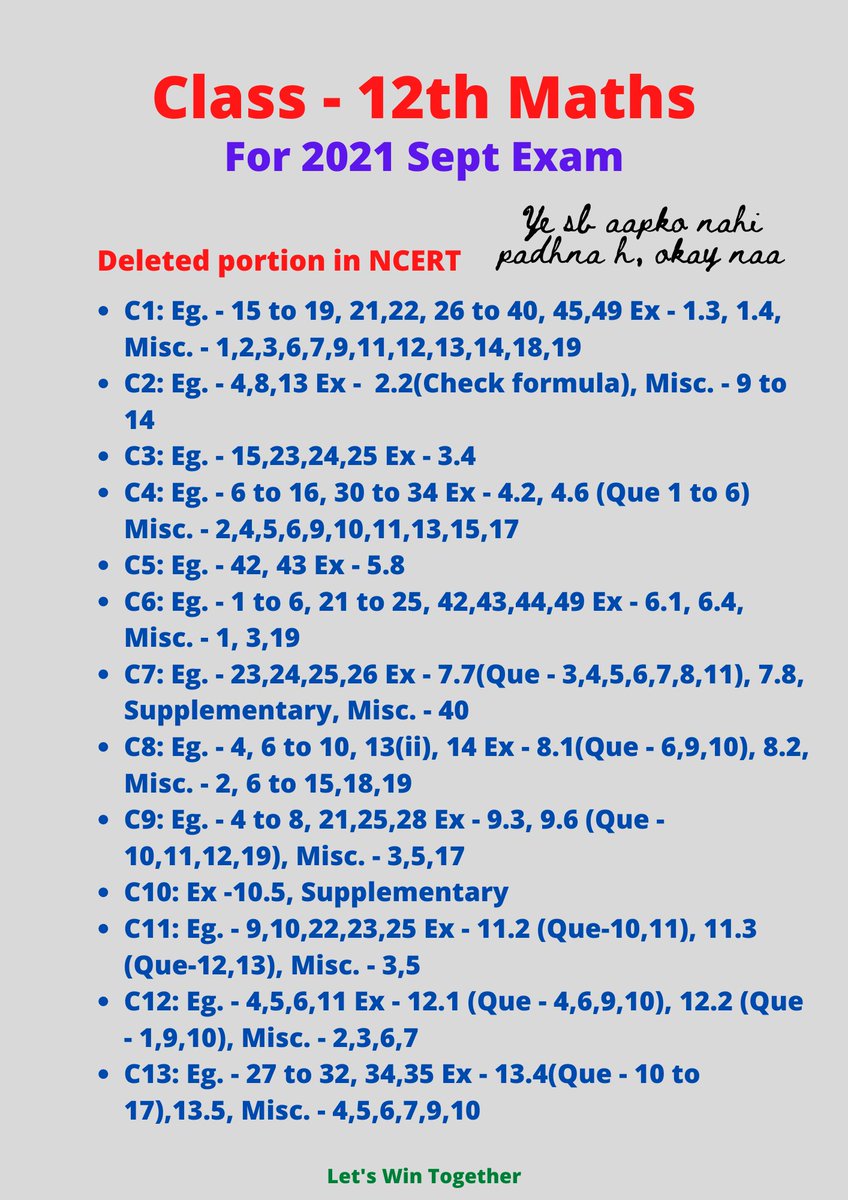 samwinner_7's tweet photo. Hey Winners,
Hope Aapke Phy ka paper accha gaya hoga. Here is the deleted portion of #CBSE maths. I have included all the examples, exercises, and Misc Questions that you don't have to prepare. Soon I will share Imp guess questions of maths on Telegram (Doon Winner).#CBSEPrivate https://t.co/o6fn94NTVn