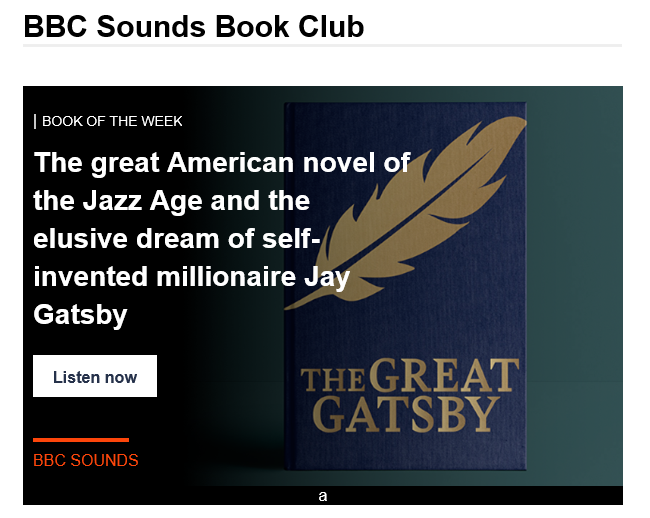 LibraryStowe's tweet photo. How great is this, @BBCSounds book of the week is the classic The Great Gatsby which can be listened to free!  
https://t.co/FFJlX1jhJA
#books #audio #bookoftheweek #libraries https://t.co/MLmbEIjzR2