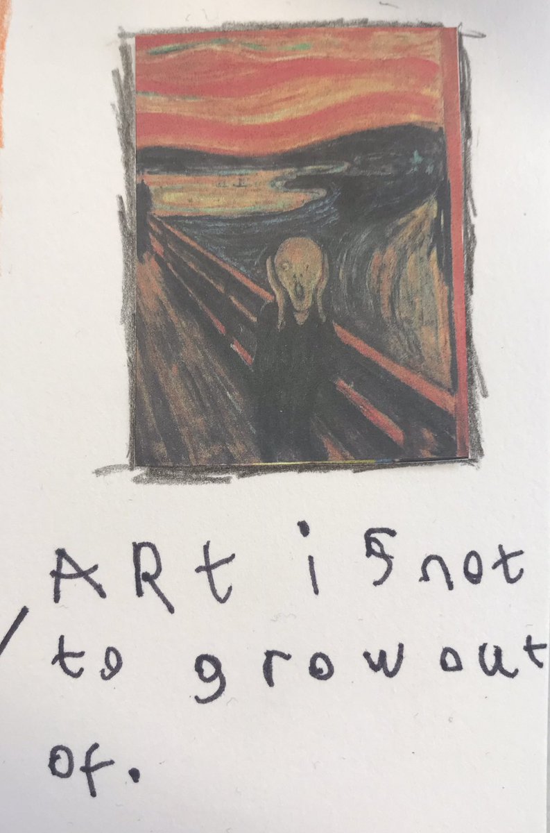 What is Art?
Something you shouldn’t grow out of as you grow up!
Best advice from our children, this morning. <a href="/accessart/">Paula Briggs @AccessArt</a> <a href="/theartcriminal/">Susan M Coles</a> @PaulCarneyArts <a href="/Artsmarkaward/">Artsmark</a> <a href="/NSEAD1/">NSEAD</a> #primaryart