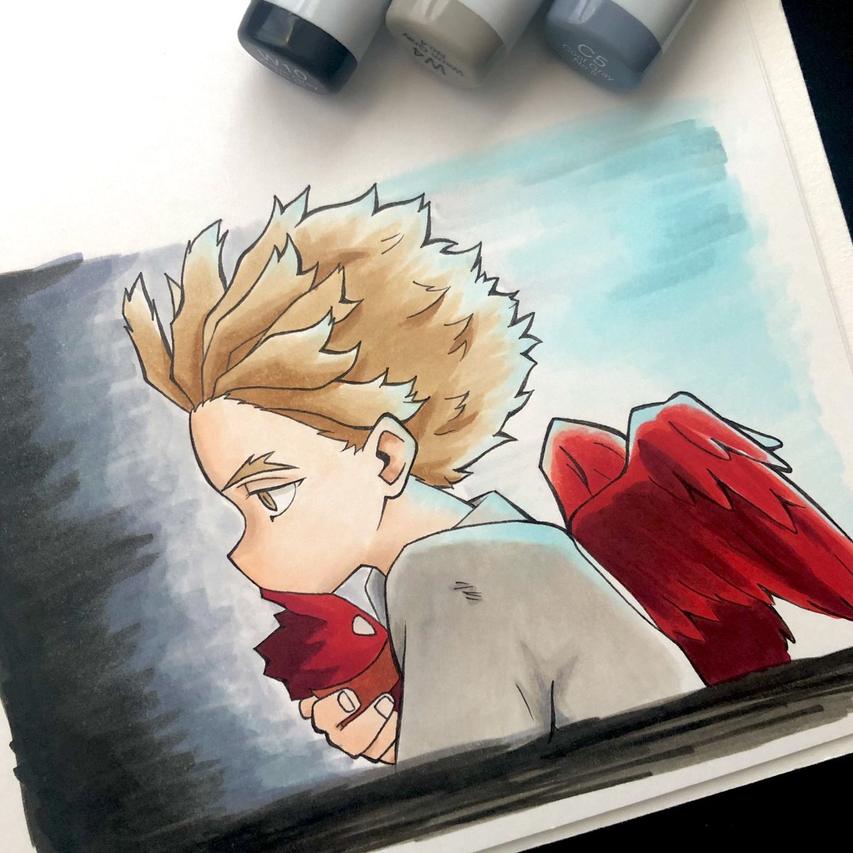 hawks (boku no hero academia) male focus blonde hair 1boy red wings wings feathered wings traditional media  illustration images