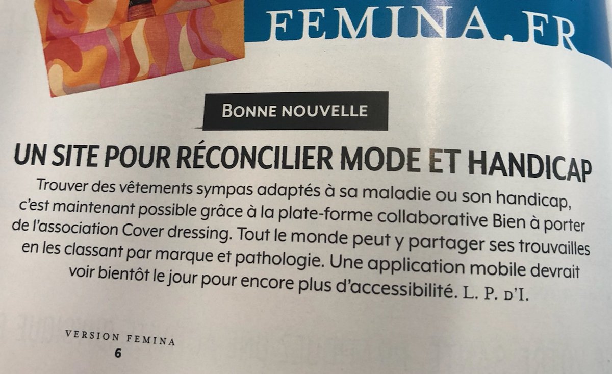 bienaporter's tweet image. Merci @Version Femina de consacrer cette brève à notre site collaboratif bienaporter.com ! #modeinclusive #modepourtous #bienaporter #AutonomieVestimentaire #innovationsociale #handicap #pathologie #bonplan