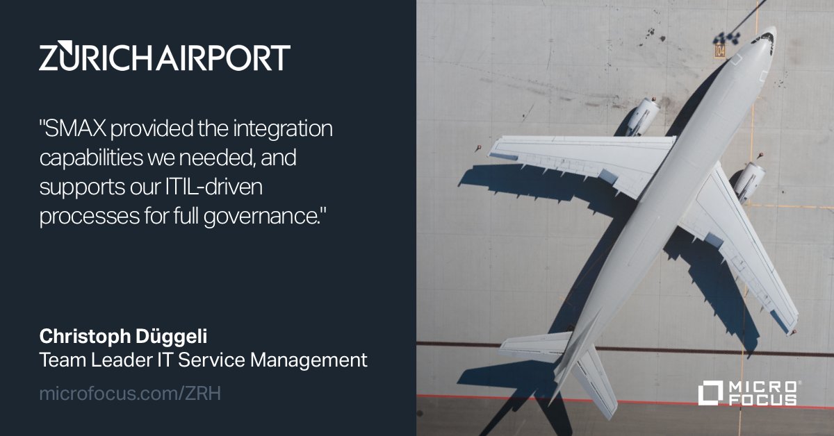 DinaresJ's tweet photo. Leveraging @MicroFocus #SMAX integration capabilities @zrh_airport has created a robust service management foundation. #CustomerSuccess https://t.co/AEpzWYJBK7 #MyCompany https://t.co/xy3WIpHlxe