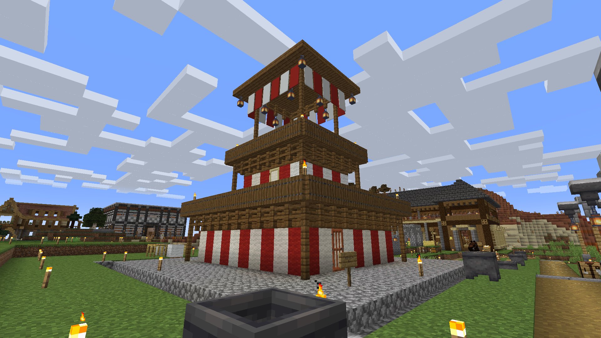 朝活できるしいら マイクラ楽しくてお祭りやぐら作ったり焼肉屋台 ファットさんがさらに素敵に祭壇へ改装してくれた とかおでんと言い張る屋台とか作ってずっとやってる 今は動物園と化した神社の住処にオウムスノードームのチキルーム作るのに