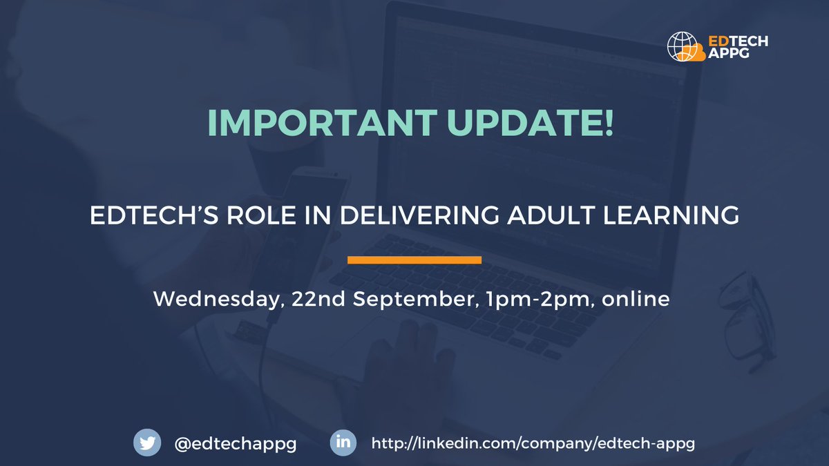 edtechappg's tweet photo. Important update! The next EdTech APPG meeting has been brought forward by an hour, and will now take place at 1 pm-2pm. Apologies for the inconvenience and we hope you can still join us. 

There is still time to register here: https://t.co/trSZktuCqy https://t.co/j8oFiH8b0b