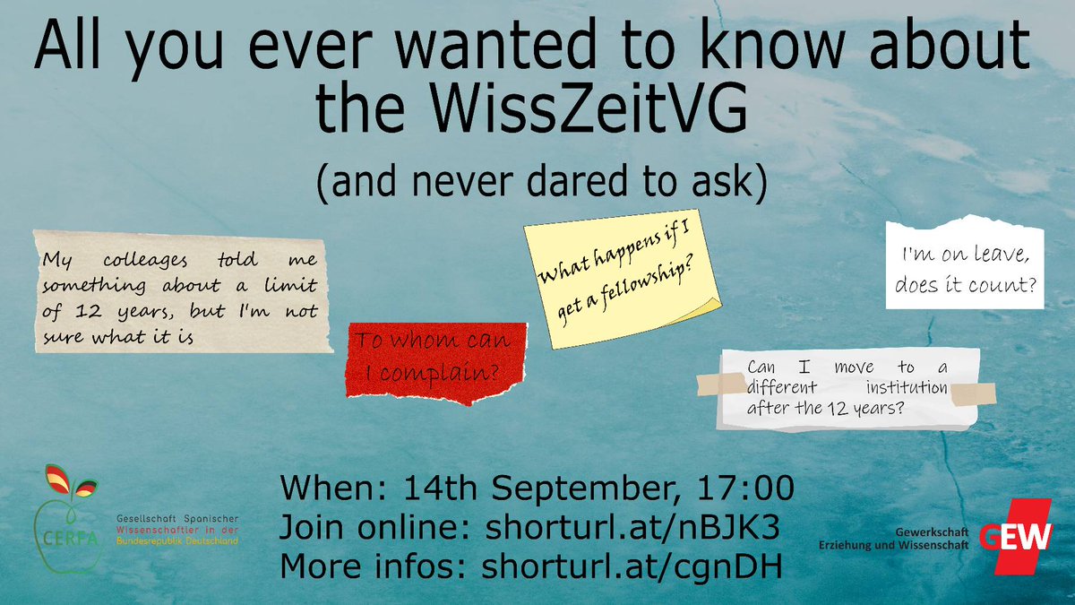 To all those interested to know more about the #WissZeitVG join our workshop next Tuesday 14 at 17h where with the help of the vice-president of @gew_bund we will try to explain and answer your doubts. Limited places!!! Join now here ow.ly/yuoF30rTbLS
