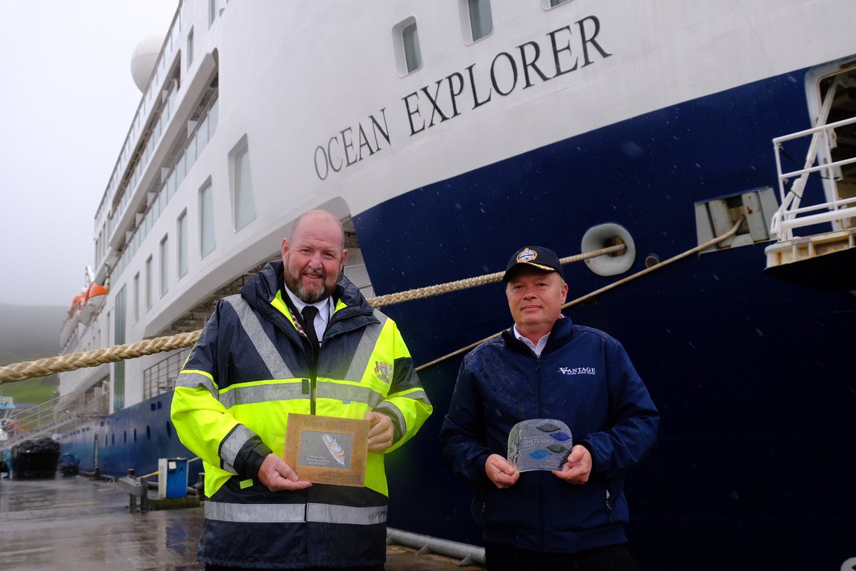 ShetIslandsCll's tweet photo. Welcome today to #Scalloway for #PolarClass #cruiseship #OceanExplorer on her maiden voyage and first call to #Shetland, with Captain Yaroslav Gonta, his crew and 86 passengers ๐ฅณ Our apologies for the rain โ๏ธ Safe onward journey to the #FaroeIslands ๐ซ๐ด and #Iceland ๐ฎ๐ธ https://t.co/LfiJ2GvXlw