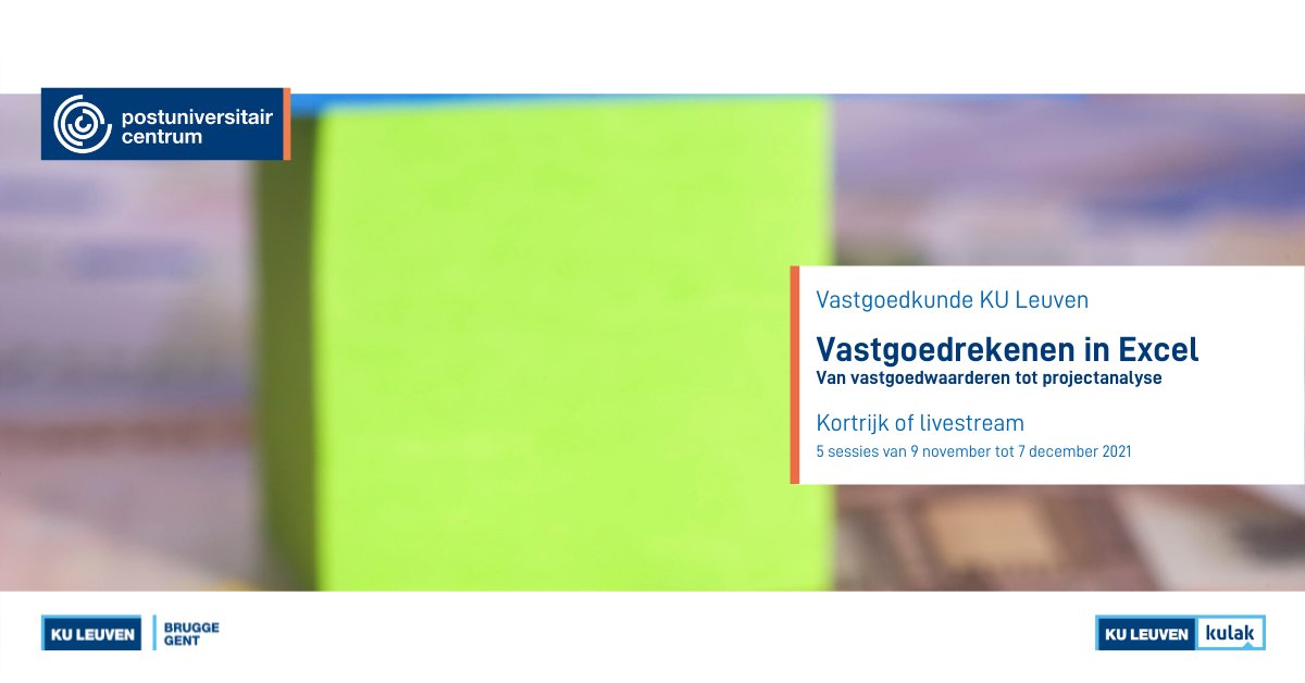 Van vastgoedwaarderen tot projectanalyse, in deze hands-on opleiding kom je er alles over te weten. Aan de hand van concrete vastgoedcases zet je de inhoud meteen om in de praktijk. 
Volg dit najaar in Kortrijk of beging 2022 in Leuven.
puc.kuleuven.be/nl/opleiding/k…
